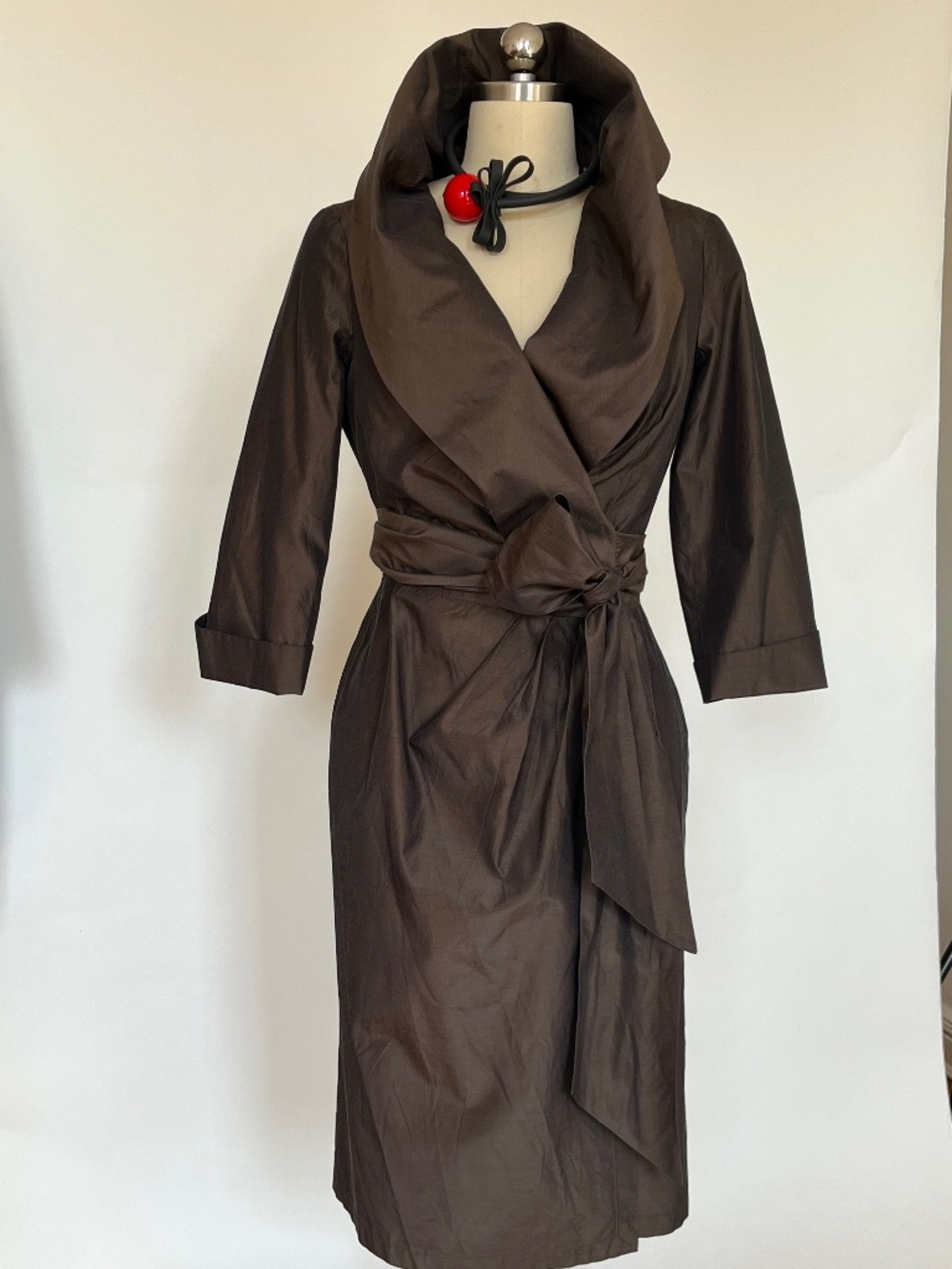 Max Mara brown wrap dress made from structured taffeta.